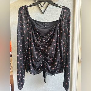 BCX Floral Mesh Ruched-Front 3/4-Sleeve Top XL